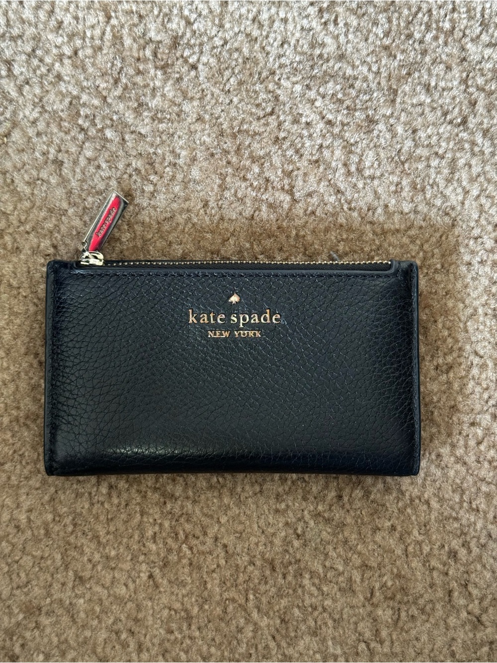 kate spade Black Pebbled Leather Zip Wallet with Gold Logo